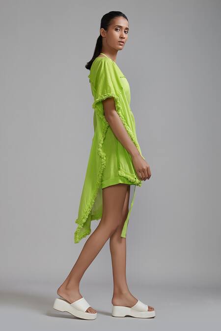 MATI_1_Green Cotton Fringe Boat Neck Kaftan Top _at_Aza_Fashions