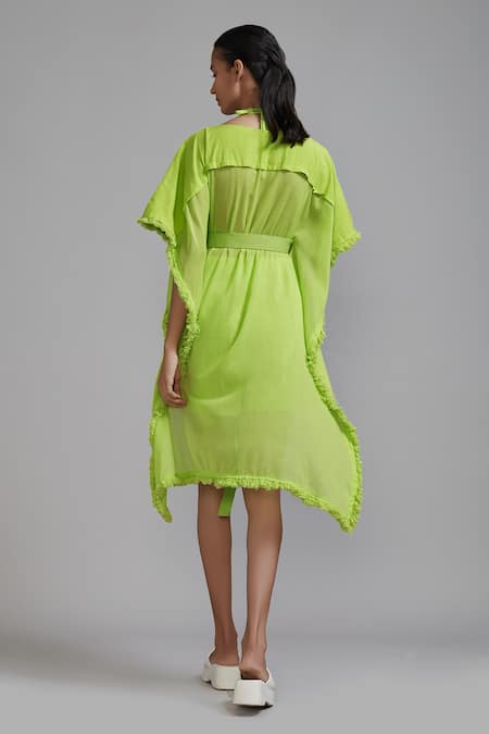 Shop_MATI_1_Green Cotton Fringe Boat , Halter Kaftan Top And Shorts Set _at_Aza_Fashions