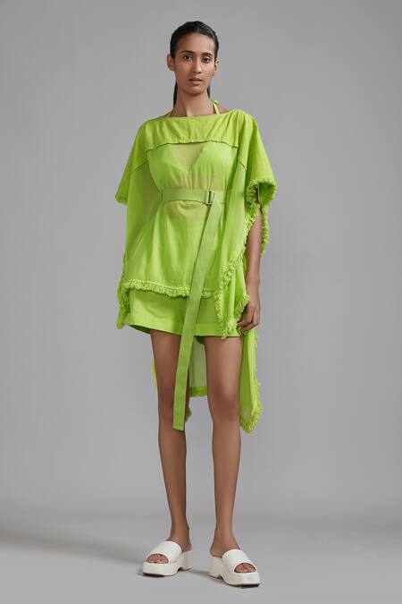 MATI_1_Green Cotton Fringe Boat , Halter Kaftan Top And Shorts Set _at_Aza_Fashions
