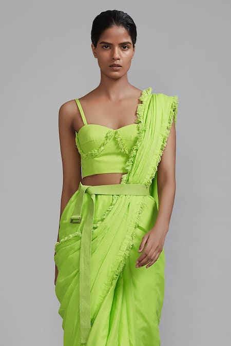 Buy_Mati_Green Cotton Fringed Border Saree _Online_at_Aza_Fashions