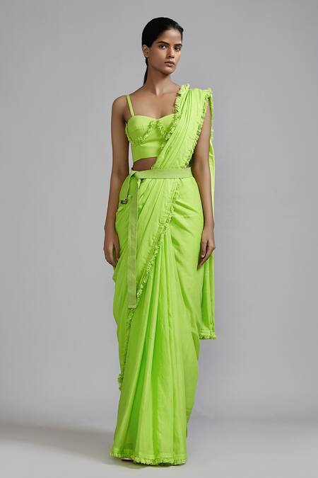 Buy_Mati_Green Cotton Fringe Border Saree With Corset _Online_at_Aza_Fashions