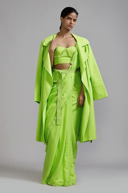 Mati Cotton Fringed Border Saree Set With Trench Jacket 