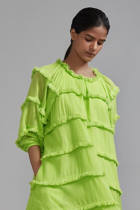 MATI_1_Green Cotton Round Neck Tiered Fringe Dress _Online_at_Aza_Fashions