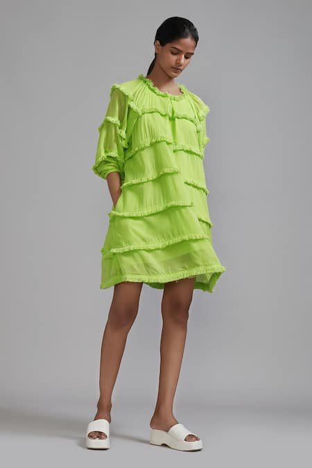 Buy_MATI_1_Green Cotton Round Neck Tiered Fringe Dress _Online_at_Aza_Fashions