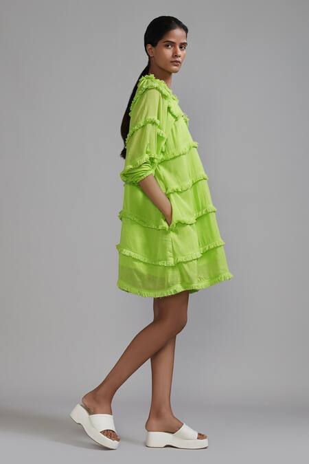 Shop_MATI_1_Green Cotton Round Neck Tiered Fringe Dress _Online_at_Aza_Fashions