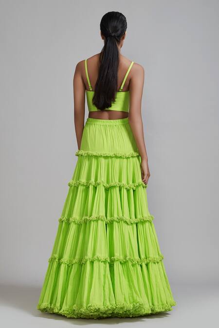 Shop_Mati_Green Cotton Fringed Tiered Lehenga _at_Aza_Fashions