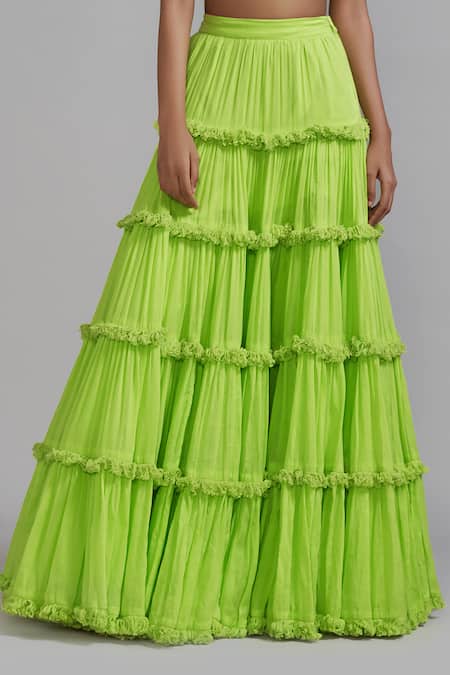 Mati_Green Cotton Fringed Tiered Lehenga _Online_at_Aza_Fashions