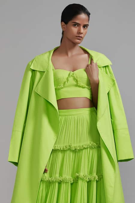 MATI_1 Green Cotton Fringe Sweetheart Neck Neon Lehenga Set With Jacket Online at Aza Fashions MATI_1_Green Cotton Fringe Sweetheart Neck Neon Lehenga Set With Jacket _Online_at_Aza_Fashions