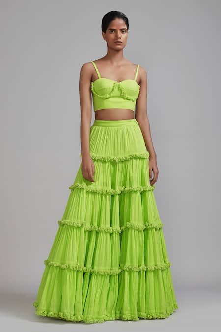 Buy MATI_1 Green Cotton Fringe Sweetheart Neck Neon Lehenga Set With Jacket Online at Aza Fashions Buy_MATI_1_Green Cotton Fringe Sweetheart Neck Neon Lehenga Set With Jacket _Online_at_Aza_Fashions