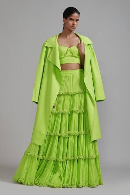Shop MATI_1 Green Cotton Fringe Sweetheart Neck Neon Lehenga Set With Jacket Online at Aza Fashions Shop_MATI_1_Green Cotton Fringe Sweetheart Neck Neon Lehenga Set With Jacket _Online_at_Aza_Fashions