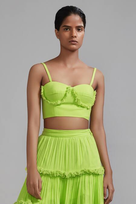 Mati_Green Cotton Fringe Sweetheart Neck Corset And Lehenga Set _Online_at_Aza_Fashions