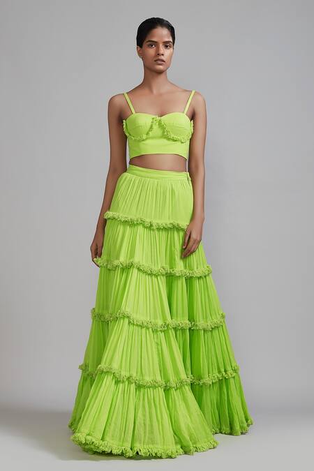 Shop_Mati_Green Cotton Fringe Sweetheart Neck Corset And Lehenga Set _Online_at_Aza_Fashions