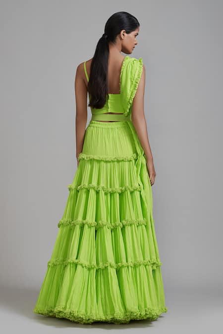 Shop_Mati_Green Cotton Sweetheart Neck Tiered Fringed Lehenga Set _at_Aza_Fashions