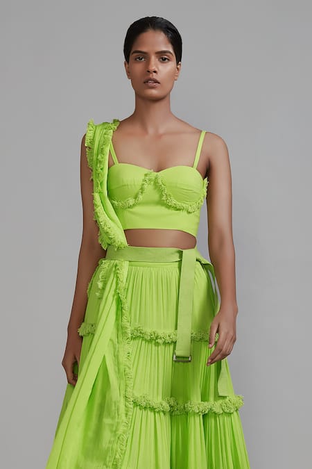 Mati_Green Cotton Sweetheart Neck Tiered Fringed Lehenga Set _Online_at_Aza_Fashions