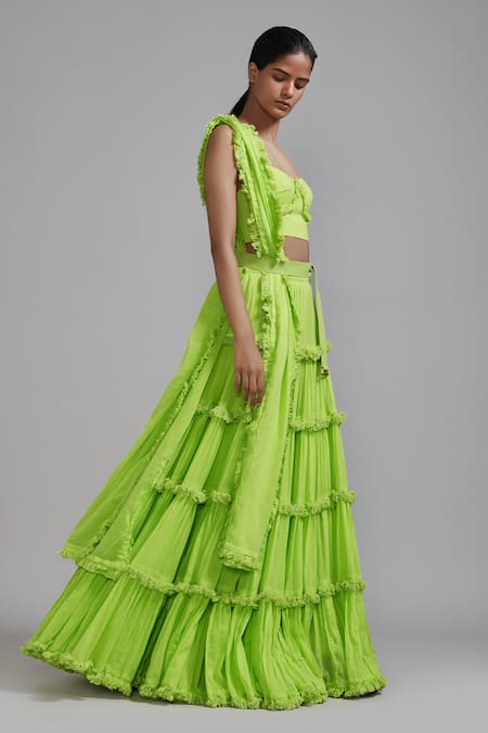 Buy_Mati_Green Cotton Sweetheart Neck Tiered Fringed Lehenga Set _Online_at_Aza_Fashions