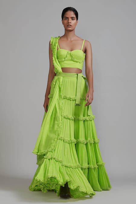 Shop_Mati_Green Cotton Sweetheart Neck Tiered Fringed Lehenga Set _Online_at_Aza_Fashions