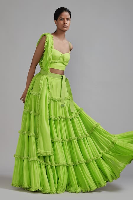 Mati_Green Cotton Sweetheart Neck Tiered Fringed Lehenga Set _at_Aza_Fashions