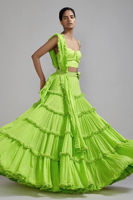 Buy_Mati_Green Cotton Sweetheart Neck Tiered Fringed Lehenga Set 