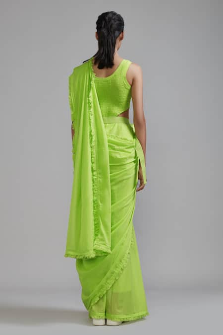 Mati Frill Border Saree With Smocked Bodysuit 