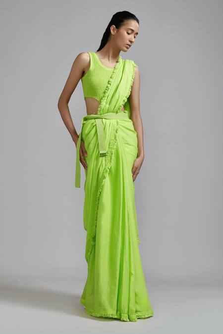 Mati_Green Cotton Round Neck Frill Border Saree With Smocked Bodysuit _Online_at_Aza_Fashions