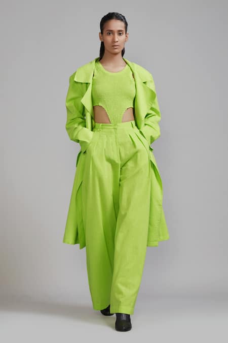 Buy MATI_1 Green Cotton Collared Trench Jacket Online at Aza Fashions Buy_MATI_1_Green Cotton Collared Trench Jacket _Online_at_Aza_Fashions