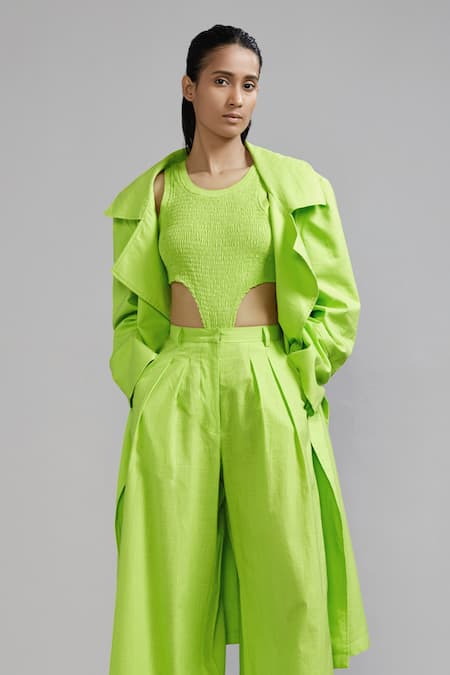 MATI_1 Green Cotton Open Neck Trench Jacket And Pant Set Online at Aza Fashions MATI_1_Green Cotton Open Neck Trench Jacket And Pant Set _Online_at_Aza_Fashions