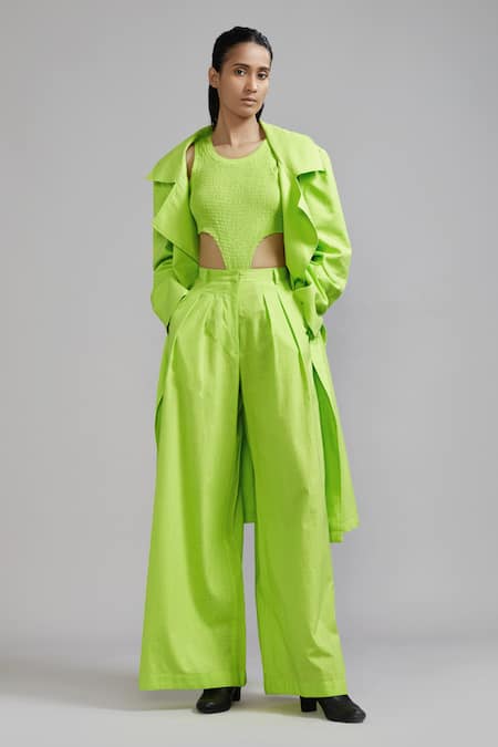 Buy MATI_1 Green Cotton Open Neck Trench Jacket And Pant Set Online at Aza Fashions Buy_MATI_1_Green Cotton Open Neck Trench Jacket And Pant Set _Online_at_Aza_Fashions