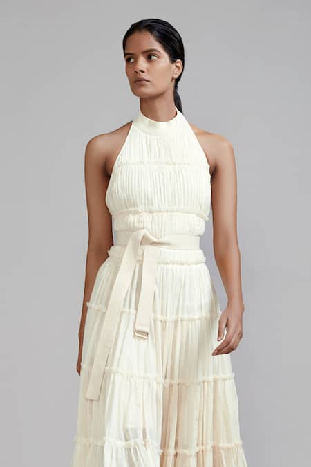 Shop_MATI_1_Off White Cotton Collared Multi Tiered Backless Gown _Online_at_Aza_Fashions
