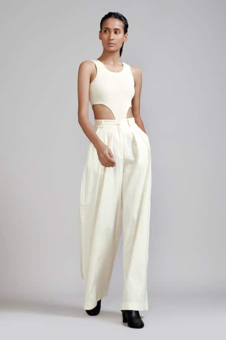 Shop_MATI_1_Off White Cotton Round Neck Smocked Bodysuit And Trouser Set _Online_at_Aza_Fashions