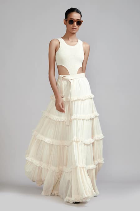 MATI_1 Cotton Smocked Bodysuit & Fringed Lehenga Set 