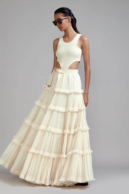 MATI_1_Off White Cotton Fringe Round Neck Smocked Bodysuit And Lehenga Set _Online_at_Aza_Fashions