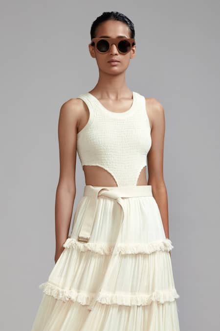 Buy_MATI_1_Off White Cotton Fringe Round Neck Smocked Bodysuit And Lehenga Set _Online_at_Aza_Fashions