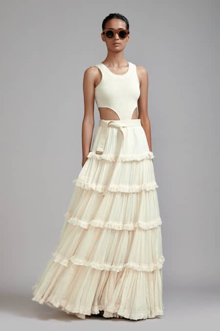 Shop_MATI_1_Off White Cotton Fringe Round Neck Smocked Bodysuit And Lehenga Set _Online_at_Aza_Fashions