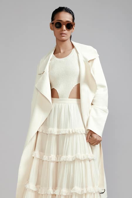 MATI_1_Off White Cotton Open Neck Fringed Lehenga Set With Trench Jacket _Online_at_Aza_Fashions
