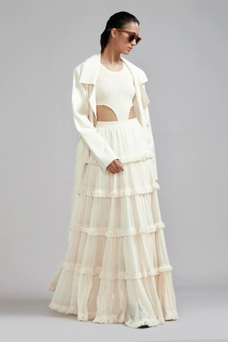 Buy_MATI_1_Off White Cotton Open Neck Fringed Lehenga Set With Trench Jacket _Online_at_Aza_Fashions