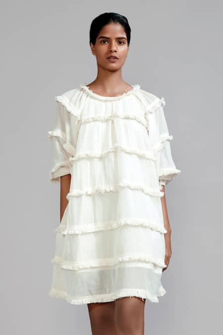 MATI_1 Off White Cotton Round Neck Tiered Fringe Dress Online at Aza Fashions MATI_1_Off White Cotton Round Neck Tiered Fringe Dress _Online_at_Aza_Fashions