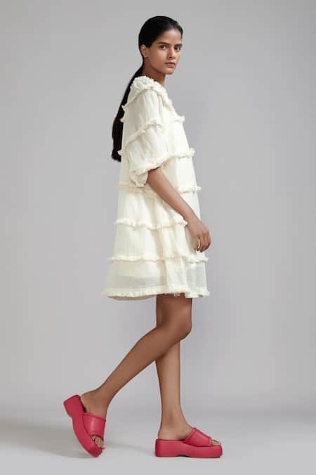 Shop MATI_1 Off White Cotton Round Neck Tiered Fringe Dress Online at Aza Fashions Shop_MATI_1_Off White Cotton Round Neck Tiered Fringe Dress _Online_at_Aza_Fashions