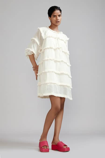 MATI_1 Off White Cotton Round Neck Tiered Fringe Dress at Aza Fashions MATI_1_Off White Cotton Round Neck Tiered Fringe Dress _at_Aza_Fashions