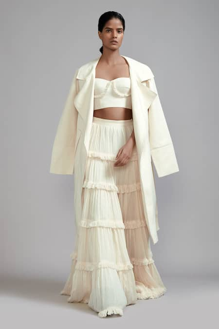 MATI Fringed Lehenga Set With Cotton Trench Jacket 