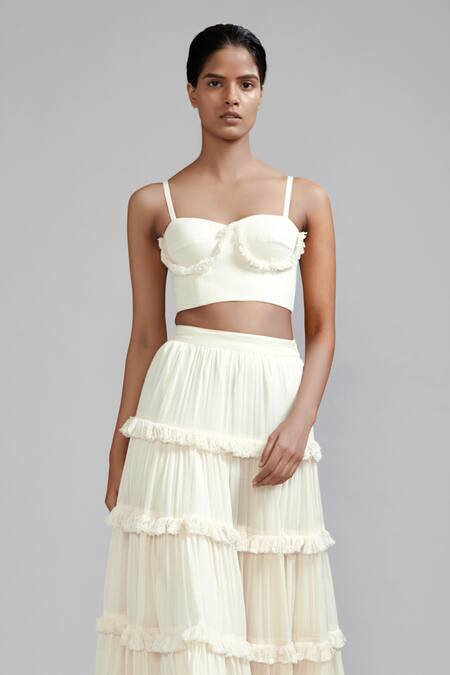MATI_1_Off White Cotton Fringe Sweetheart Neck Corset And Tiered Lehenga Set _Online_at_Aza_Fashions