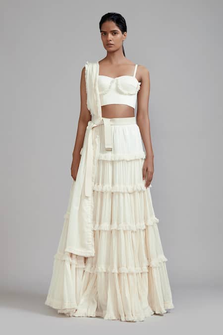 Shop_Mati_Off White Cotton Sweetheart Neck Tiered Fringed Lehenga Set _at_Aza_Fashions