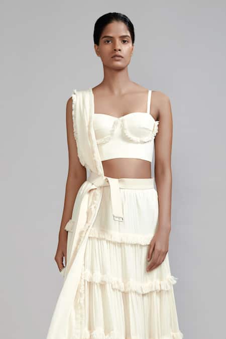 Mati_Off White Cotton Sweetheart Neck Tiered Fringed Lehenga Set _Online_at_Aza_Fashions