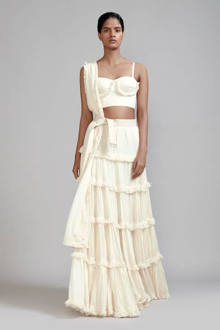 Buy_Mati_Off White Cotton Sweetheart Neck Tiered Fringed Lehenga Set _Online_at_Aza_Fashions