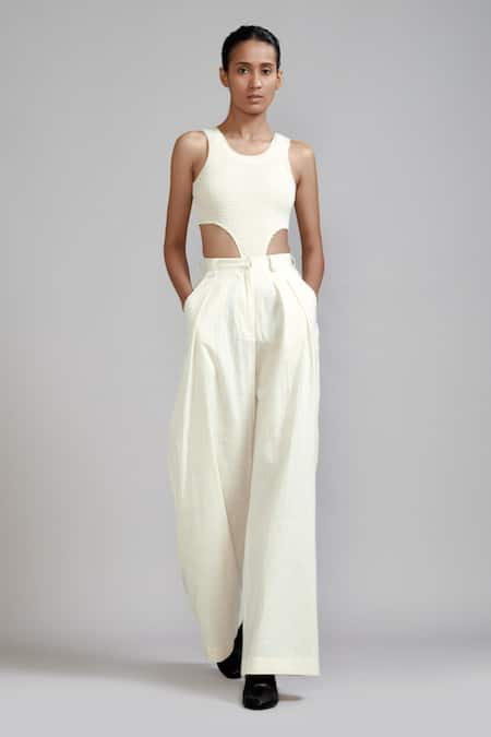 MATI Off White 100% Cotton Plain Long Pleated Trouser 