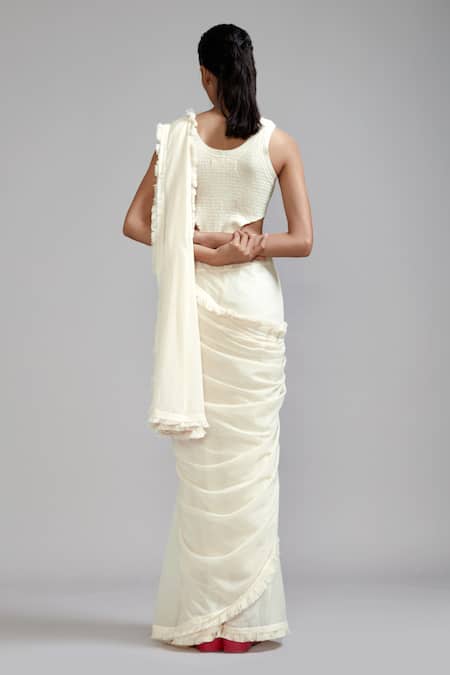 Mati Frill Border Saree With Cotton Smocked Bodysuit 
