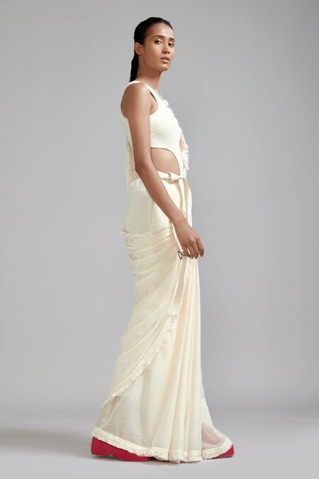 Shop MATI_1 Off White Cotton Round Neck Frill Border Saree With Smocked Bodysuit Online at Aza Fashions Shop_MATI_1_Off White Cotton Round Neck Frill Border Saree With Smocked Bodysuit _Online_at_Aza_Fashions