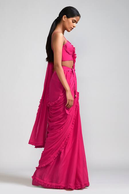 MATI_1_Pink Cotton Fringe Sweetheart Neck Bordered Saree And Corset Blouse Set _Online_at_Aza_Fashions