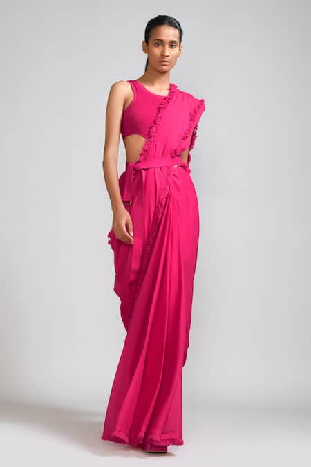 MATI_1 Pink Cotton Fringe Round Neck Handspun Saree And Smocked Bodysuit Set Online at Aza Fashions MATI_1_Pink Cotton Fringe Round Neck Handspun Saree And Smocked Bodysuit Set _Online_at_Aza_Fashions