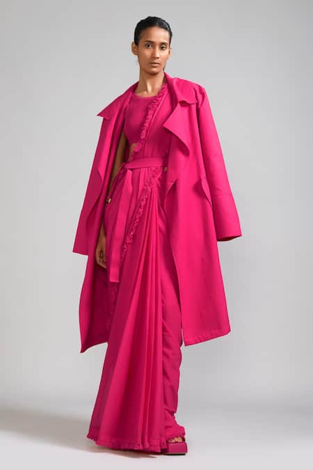 Mati Fringe Bordered Saree Trench Jacket Set 
