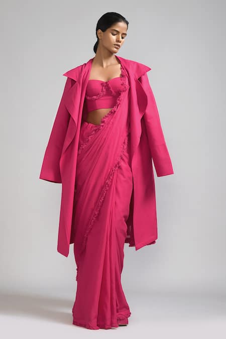 MATI_1_Pink Cotton Fringe Collared, Round Neck Bordered Saree Trench Jacket Set _Online_at_Aza_Fashions